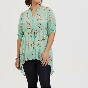 Mint Green Floral Chiffon High-Low Tunic Top